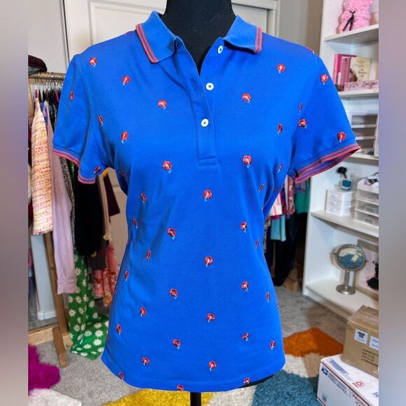 🍒 TORY BURCH Tory Sport Embroidered Floral Polo Collar Shirt Top Size Medium - Picture 3 of 9